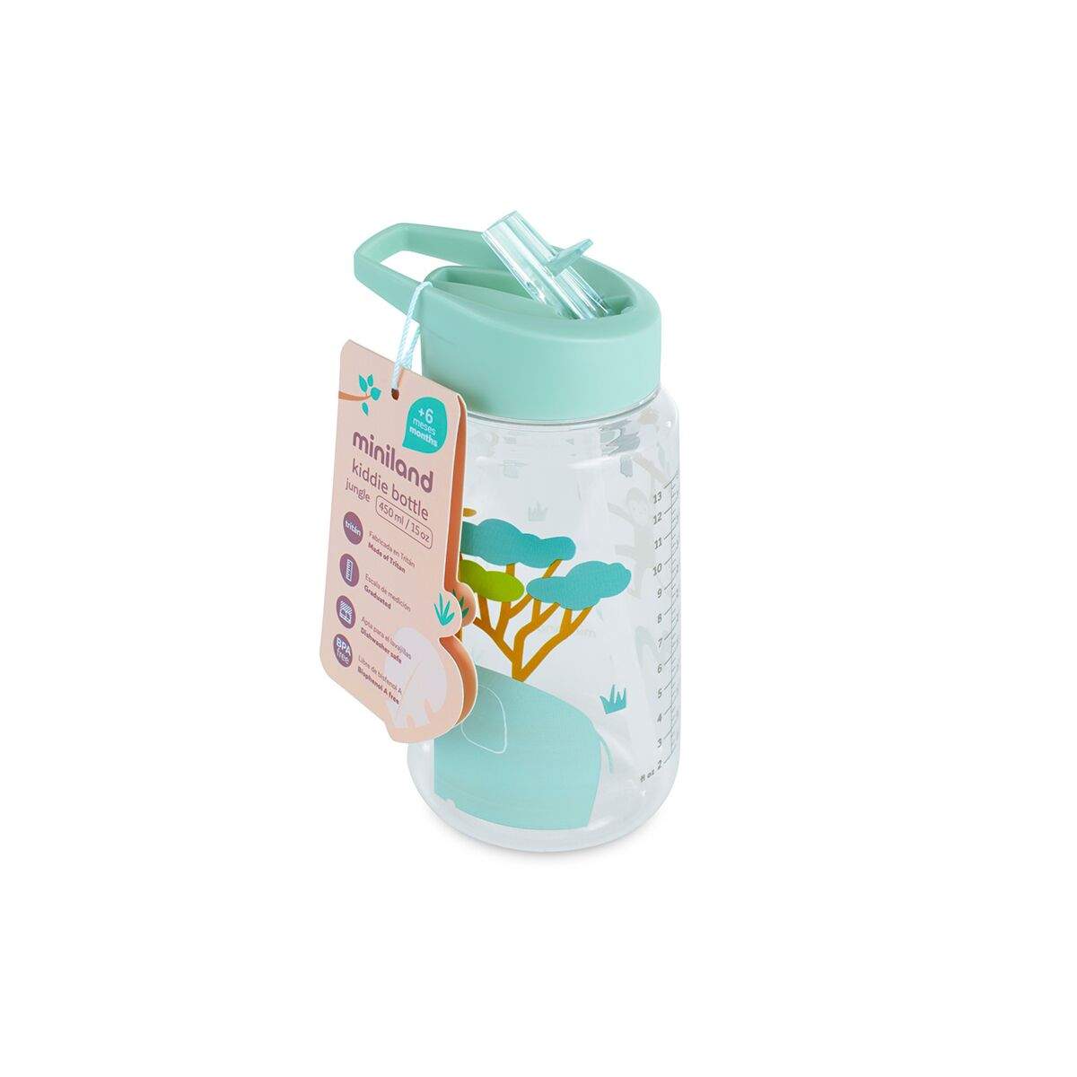 Miniland sticla de tranzitie din tritan cu pai 450 ml 6m+ Kiddie Jungle Imagine secundară a produsului