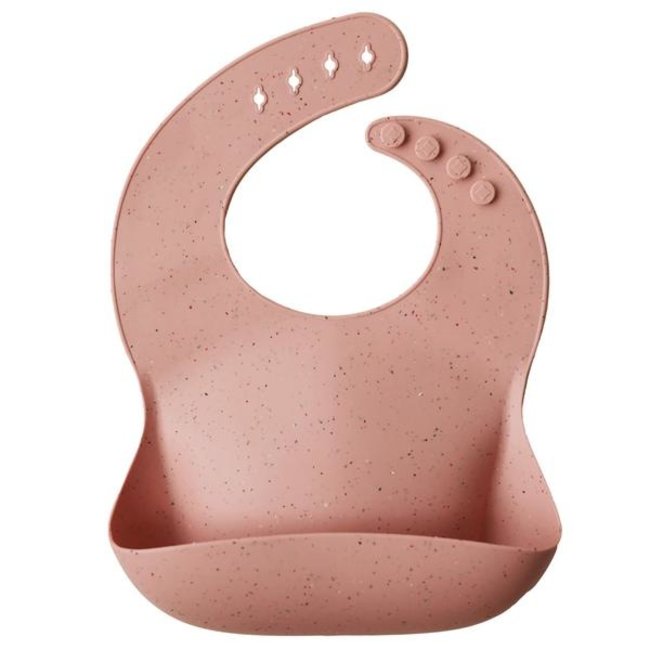 Mushie baveta cu buzunar din silicon 12m+, Peach Terazzo