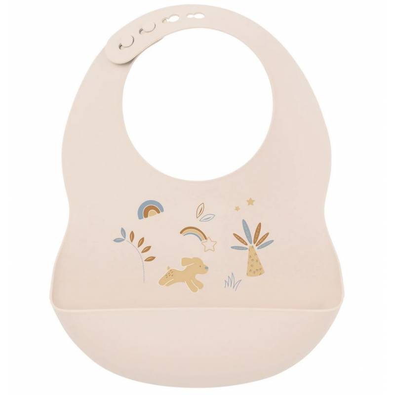 Nattou baveta silicon cu buzunar 6m+, Printed Beige