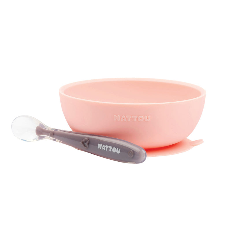 Nattou bol cu ventuza si lingurita silicon 4m+, Roz 20600135 01