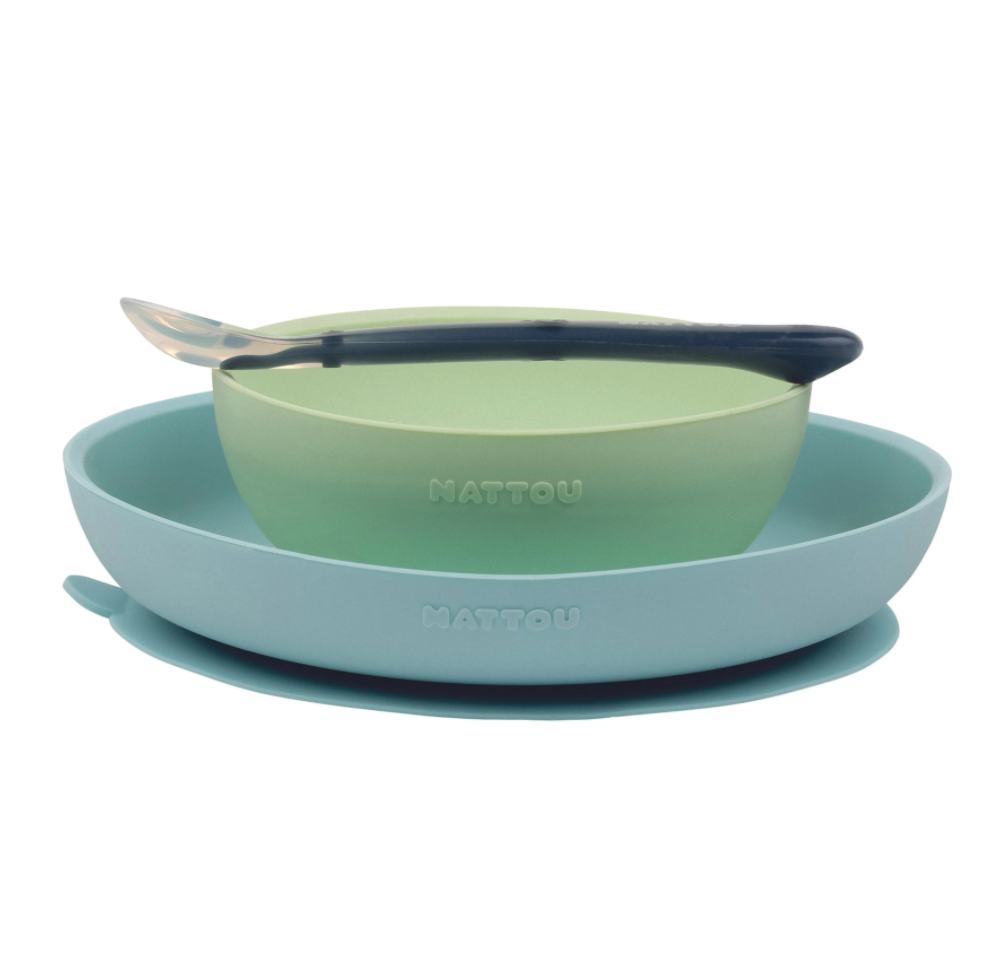Nattou set masa 3 piese din silicon 4m+, Blue-Green 21600200A