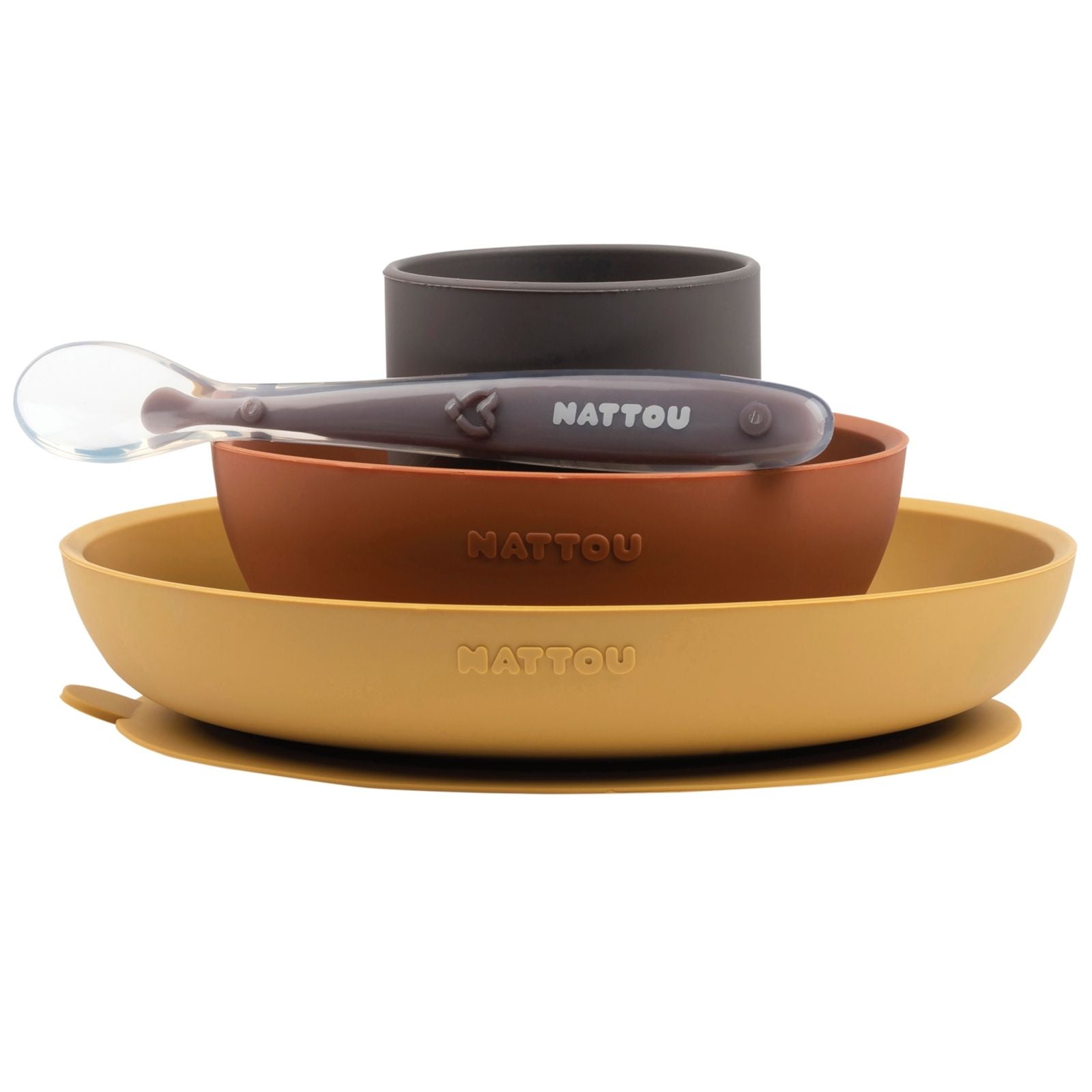 Nattou set masa 4 piese din silicon 4m+, Curry-Terracotta 01 Imagine principală a produsului