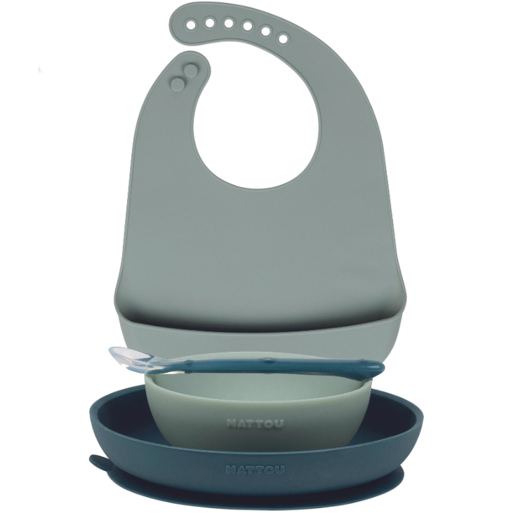 Nattou set masa 4 piese din silicon 4m+, Green 21600200A 