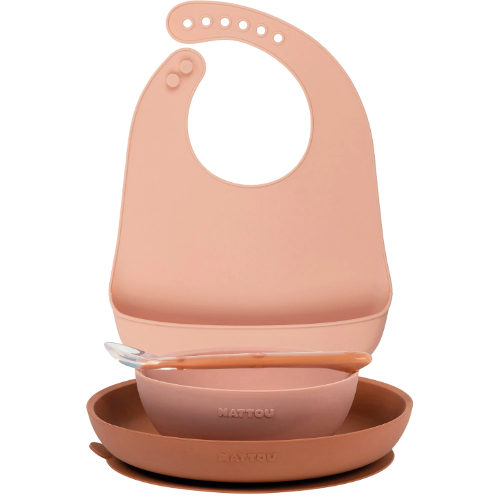 Nattou set masa 4 piese din silicon 4m+, Pink 21600200A