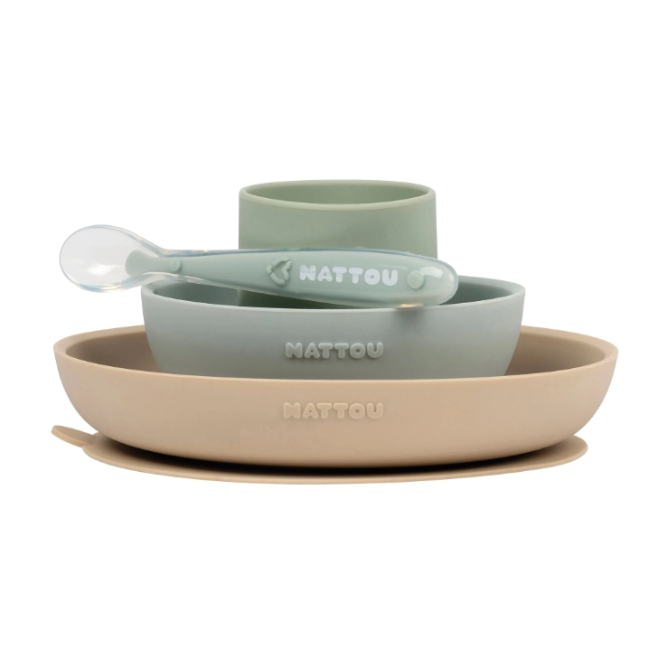 Nattou set masa 4 piese din silicon 4m+, Sand-Green 21600200A