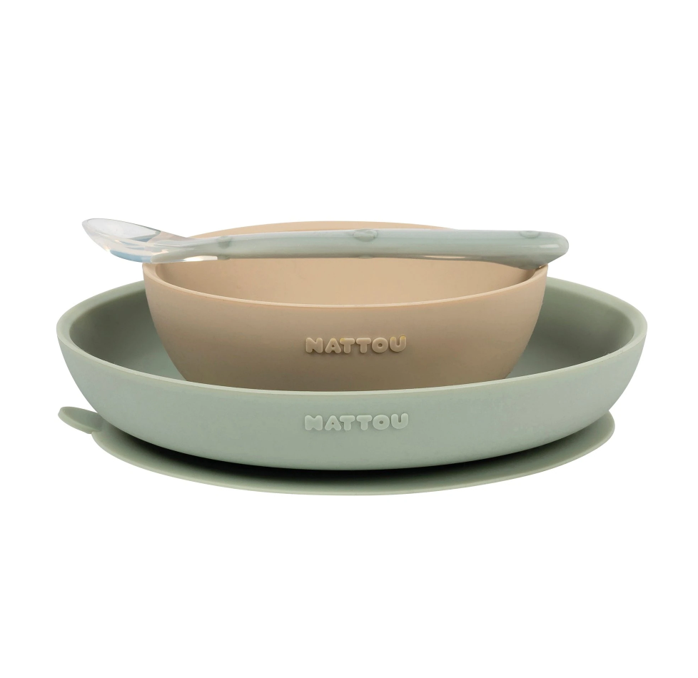 Nattou set masa 3 piese din silicon 4m+, Sand-Green 01 Imagine principală a produsului