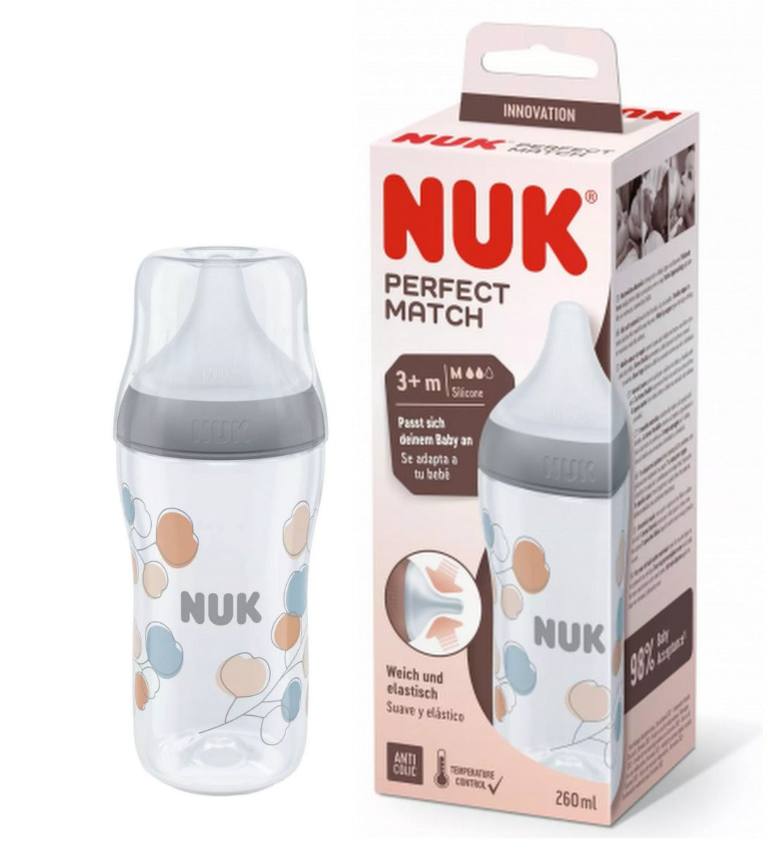 Nuk biberon Perfect Match cu tetina silicon M si senzor de temperatura 260 ml 3m+ Ramura