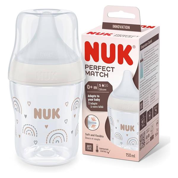 Nuk biberon Perfect Match cu tetina silicon si senzor de temperatura 150 ml 0m+ Curcubeu Imagine principală a produsului