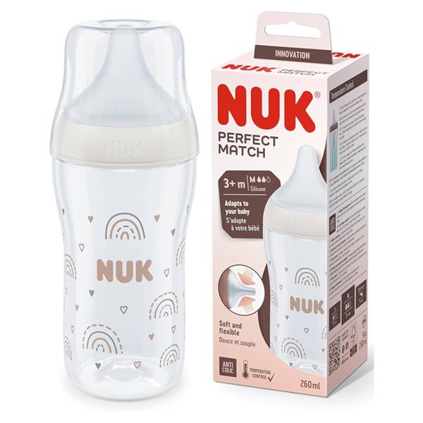 Nuk biberon Perfect Match cu tetina silicon si senzor de temperatura 260 ml 3m+ Curcubeu