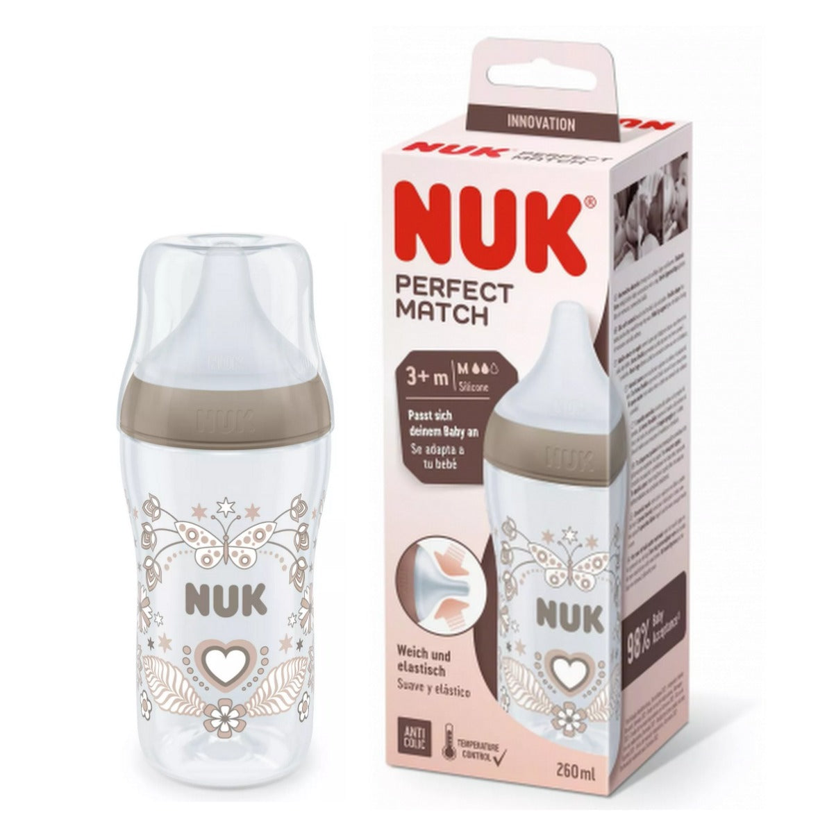 Nuk biberon Perfect Match cu tetina silicon si senzor de temperatura 260 ml 3m+ Fluture Imagine principală a produsului