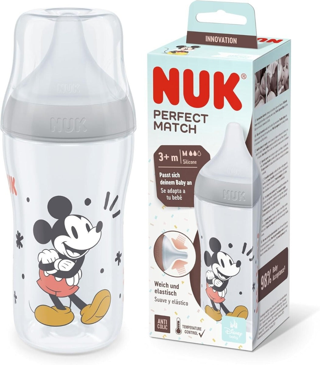 Nuk biberon Perfect Match cu tetina silicon si senzor de temperatura 260 ml 3m+ Mickey Imagine principală a produsului
