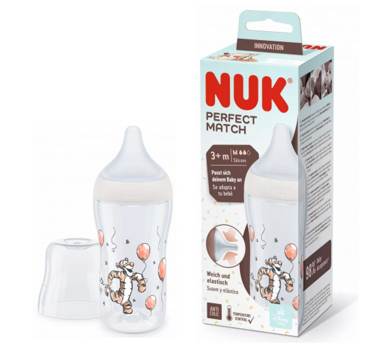 Nuk biberon Perfect Match cu tetina silicon si senzor de temperatura 260 ml 3m+ Tiger