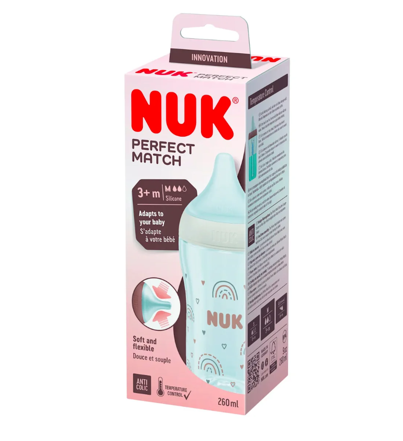 Nuk biberon Perfect Match cu tetina silicon M si senzor de temperatura 260 ml 3m+