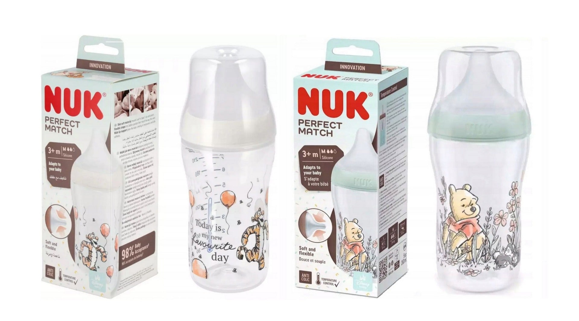 Nuk biberon Perfect Match cu tetina silicon M si senzor de temperatura 260 ml 3m+ Winnie-Tigru Imagine principală a produsului
