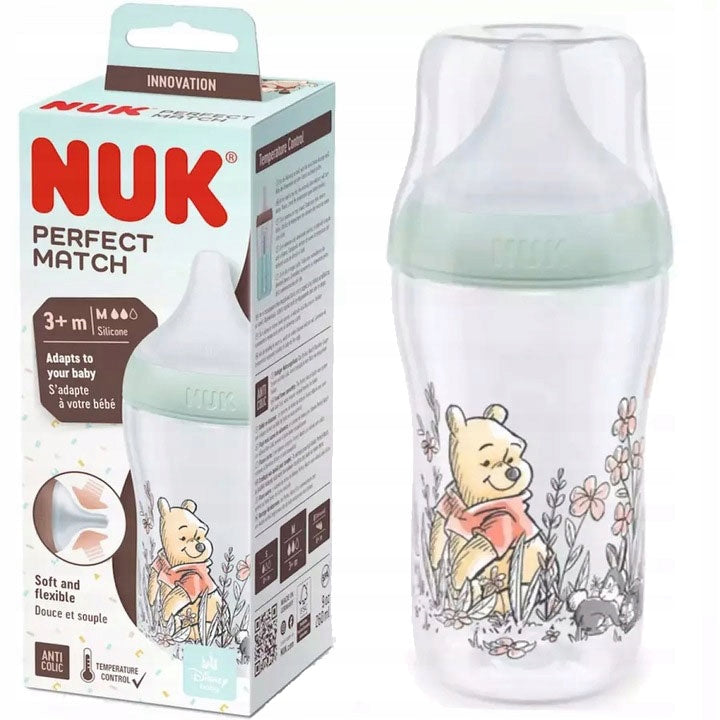 Nuk biberon Perfect Match cu tetina silicon M si senzor de temperatura 260 ml 3m+ Winnie-Tigru
