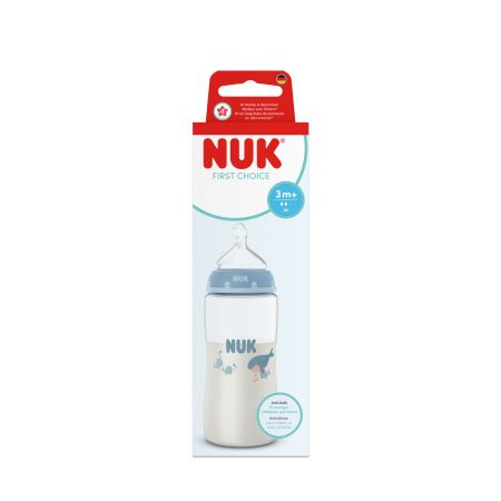 Nuk biberon PP 300 ml First Choice cu termocontrol si tetina silicon flux M 2/3m+