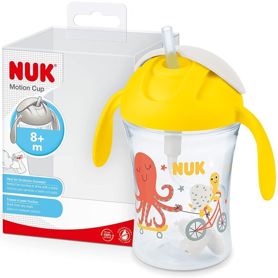 Nuk canita cu pai moale si maner Motion Cup 230 ml 8m+ Galben
