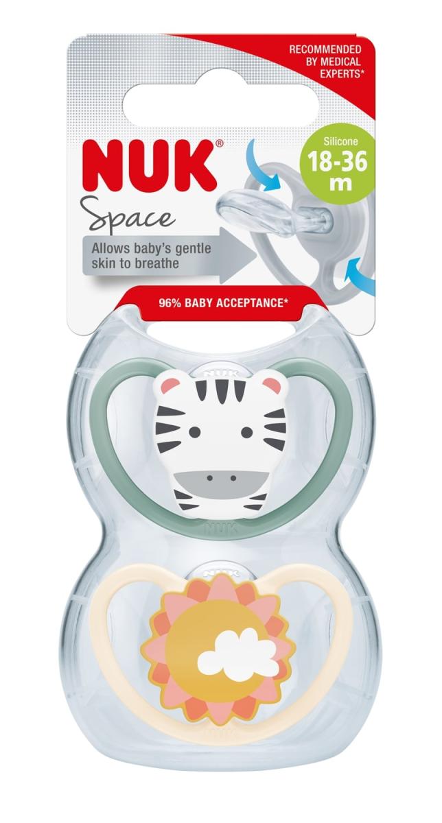 Nuk suzeta din silicon Space 18-36 luni 2 buc Zebra sau Leu