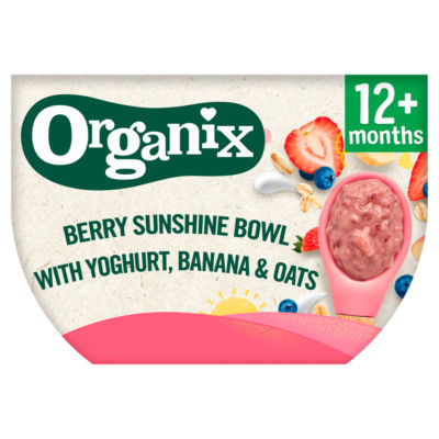 Organix piure bio in bol fructe de padure, iaurt, banana si ovaz Berry Sunshine 12m+ 120 g
