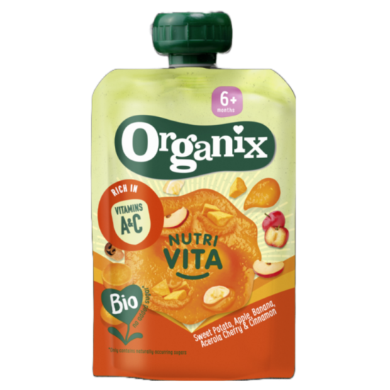 Organix piure bio din cartof dulce, mar, banana, acerola si scortisoara 6m+, 100 g