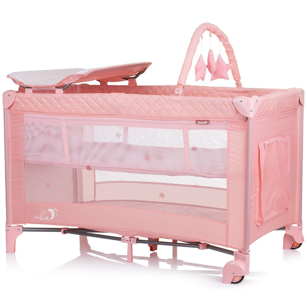 Chipolino patut pliabil cu saltea de infasat Luna 0m+ Flamingo