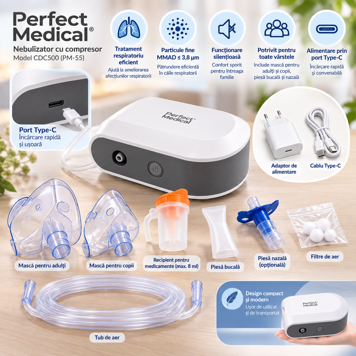 Perfect Medical aerosol portabil cu compresor si cu acumulator reincarcabil 0m+