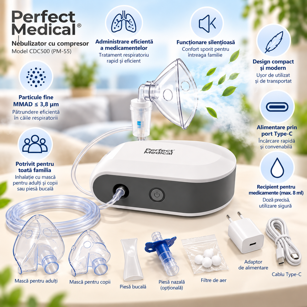 Perfect Medical aerosol portabil cu compresor si cu acumulator reincarcabil 0m+