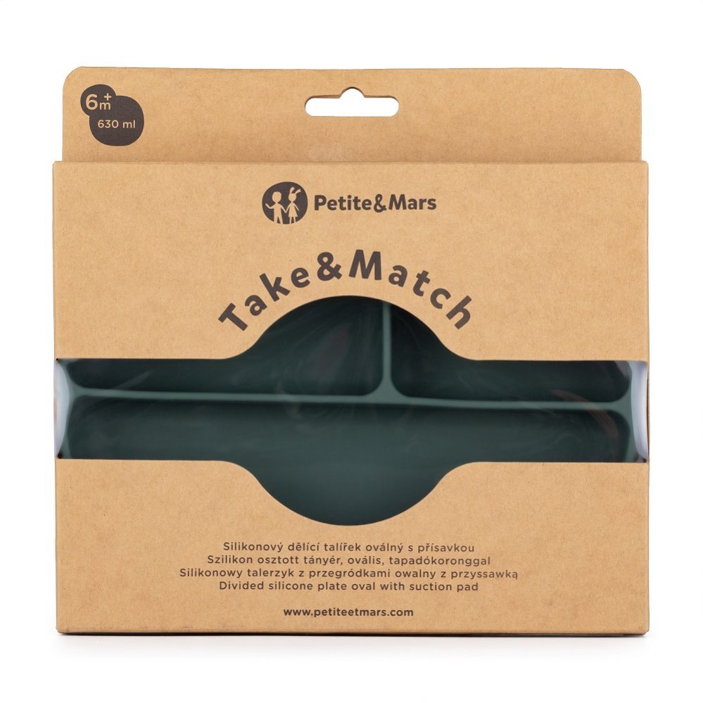 Petite&Mars farfurie ovala compartimentata din silicon cu ventuza Take&Match 6m+ Misty Green