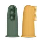 Petite&Mars perie de dinti si gingie pe deget din silicon 2 buc 6m+ Ochre&Green