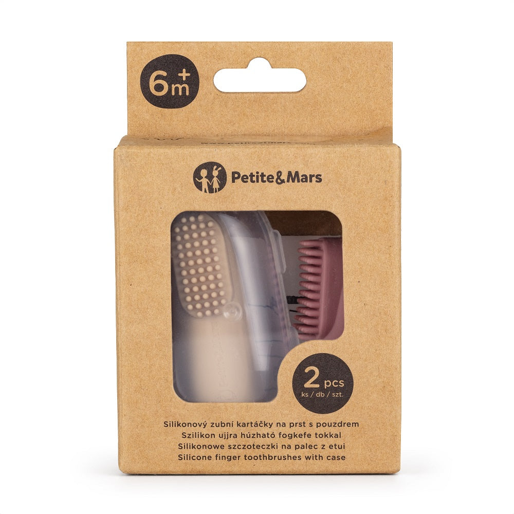 Petite&Mars perie de dinti si gingie pe deget din silicon 2 buc 6m+ Rose&Sand