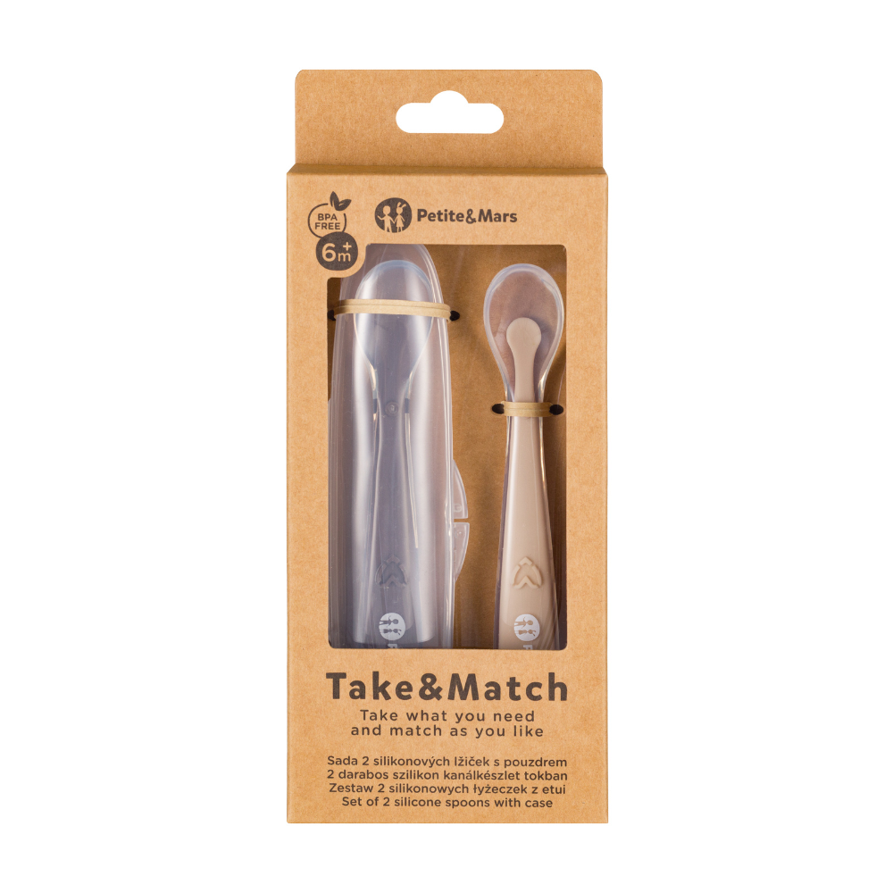 Petite&Mars set 2 lingurite cu suport Take&Match 6m+ Sand-Cocoa