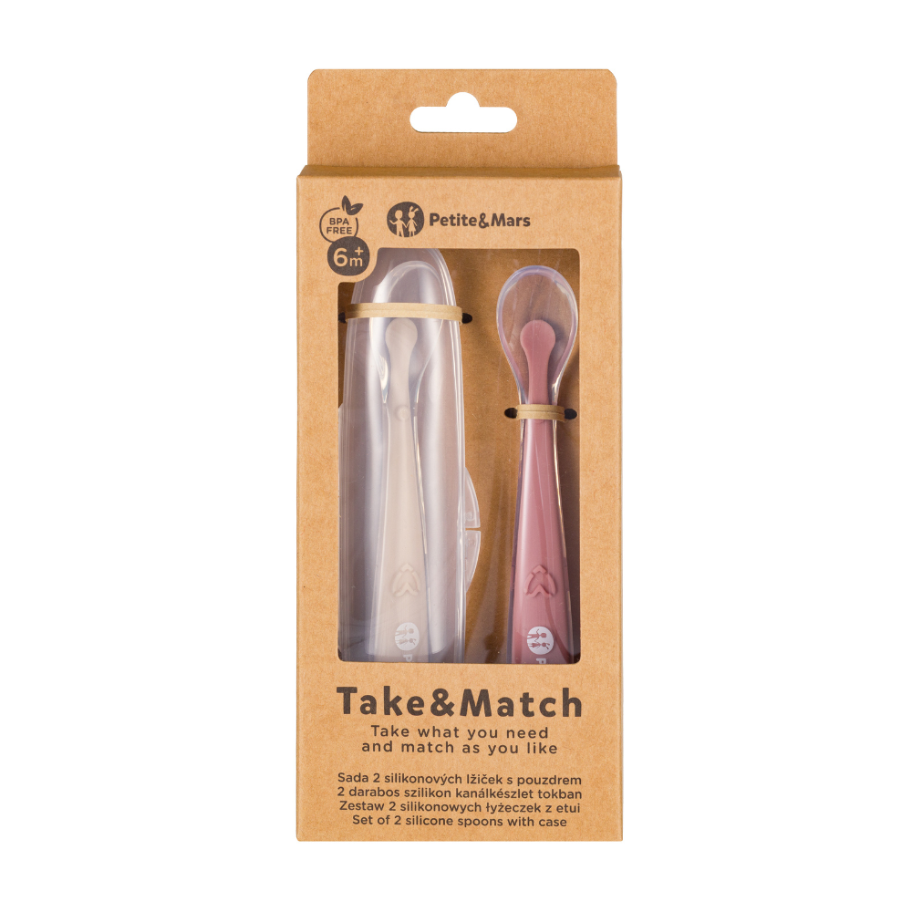 Petite&Mars set 2 lingurite cu suport Take&Match 6m+ Sand-Rose