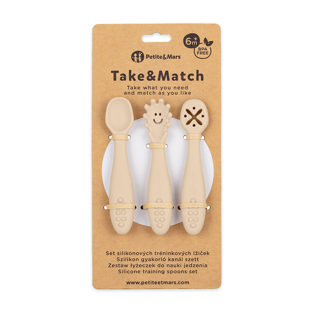 Petite&Mars set linguri de antrenament din silicon 3 buc Take&Match 6m+ Desert Sand