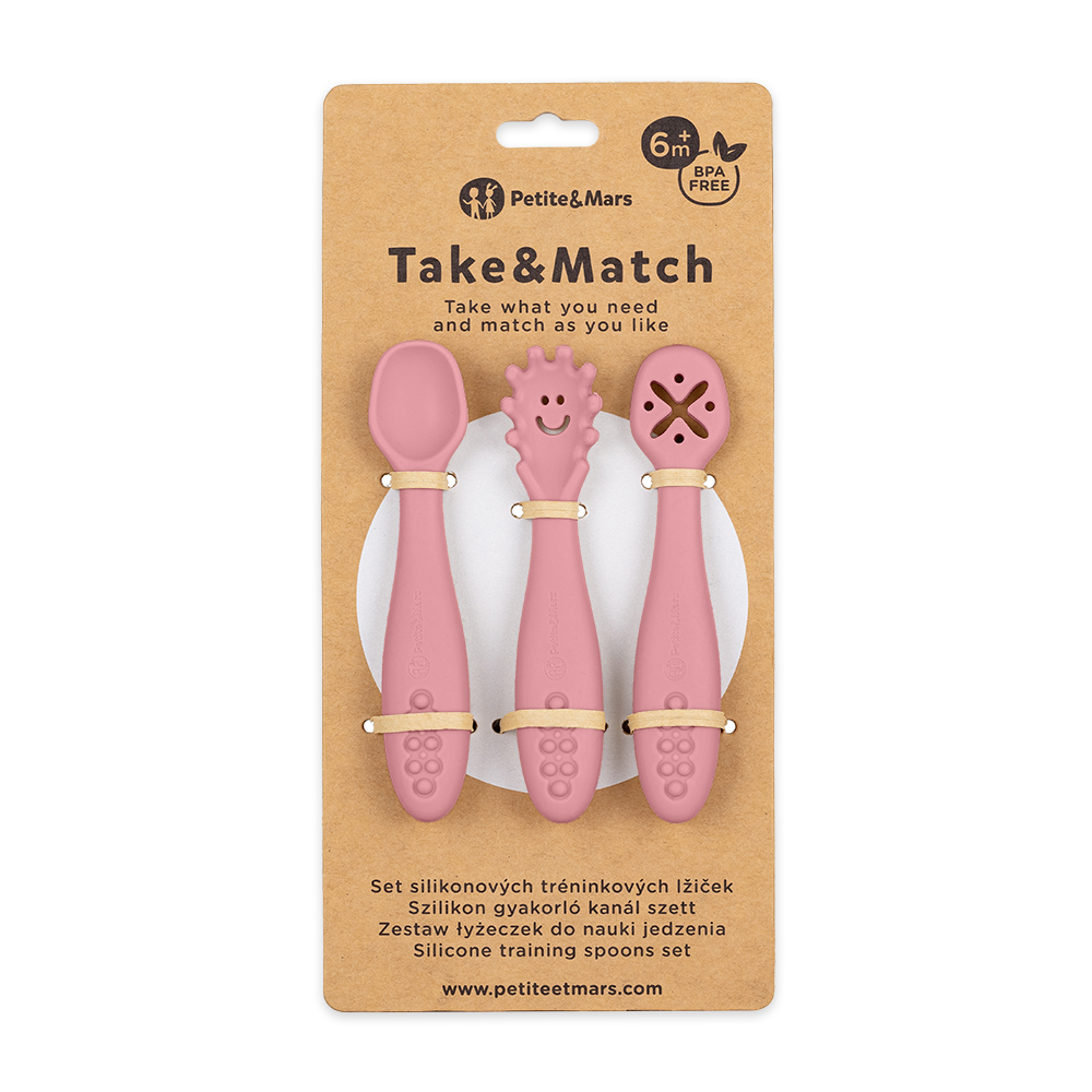 Petite&Mars set linguri de antrenament din silicon 3 buc Take&Match 6m+Dusty Rose