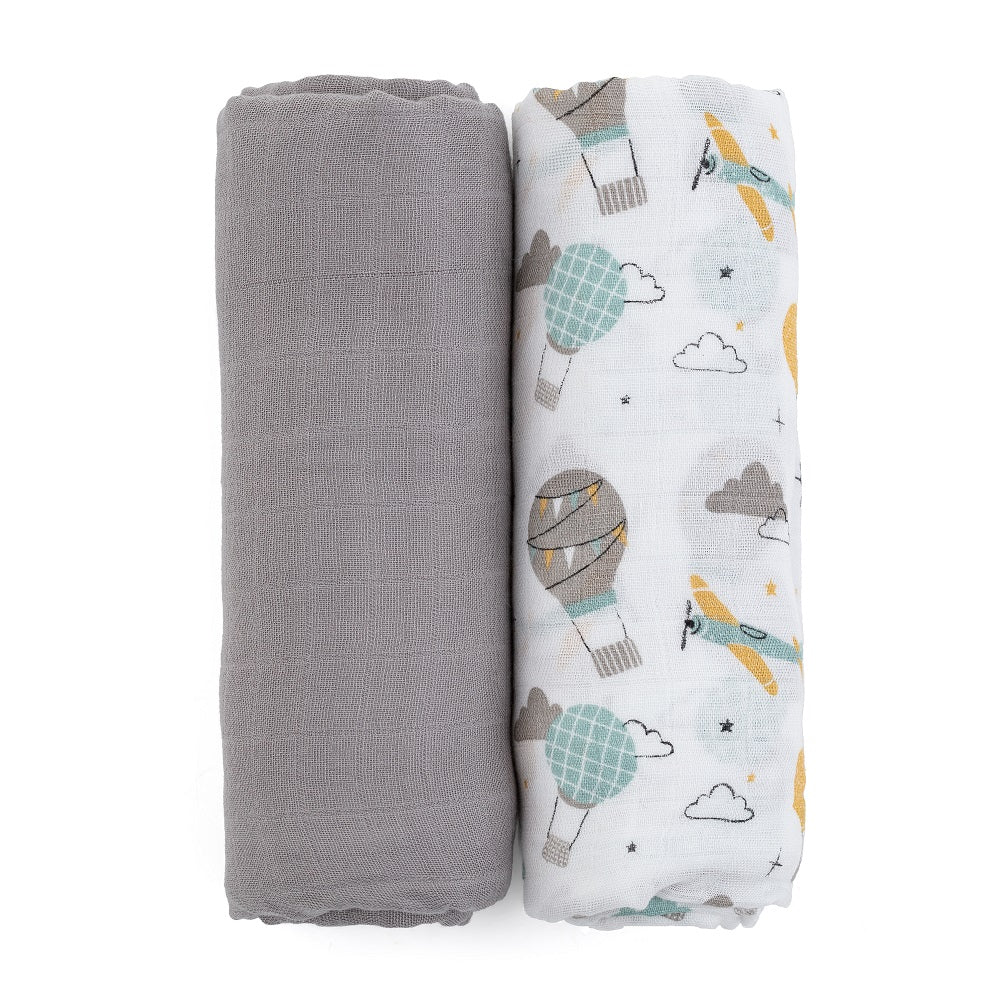 Petite&Mars set scutece bambus 102x102 cm 2 buc Misty Grey Planes