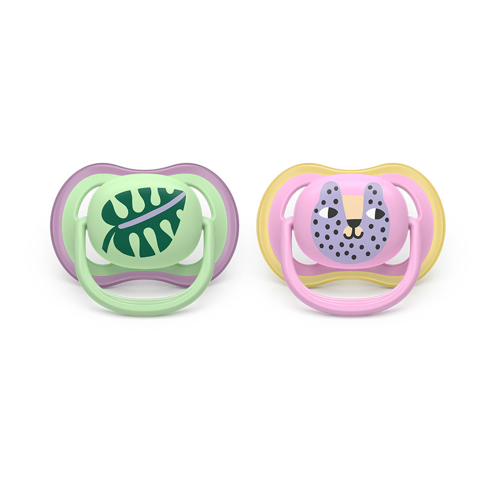 Philips Avent suzeta silicon Ultra Air 6-18  luni 2 buc Roz/Green Leopard-Frunza