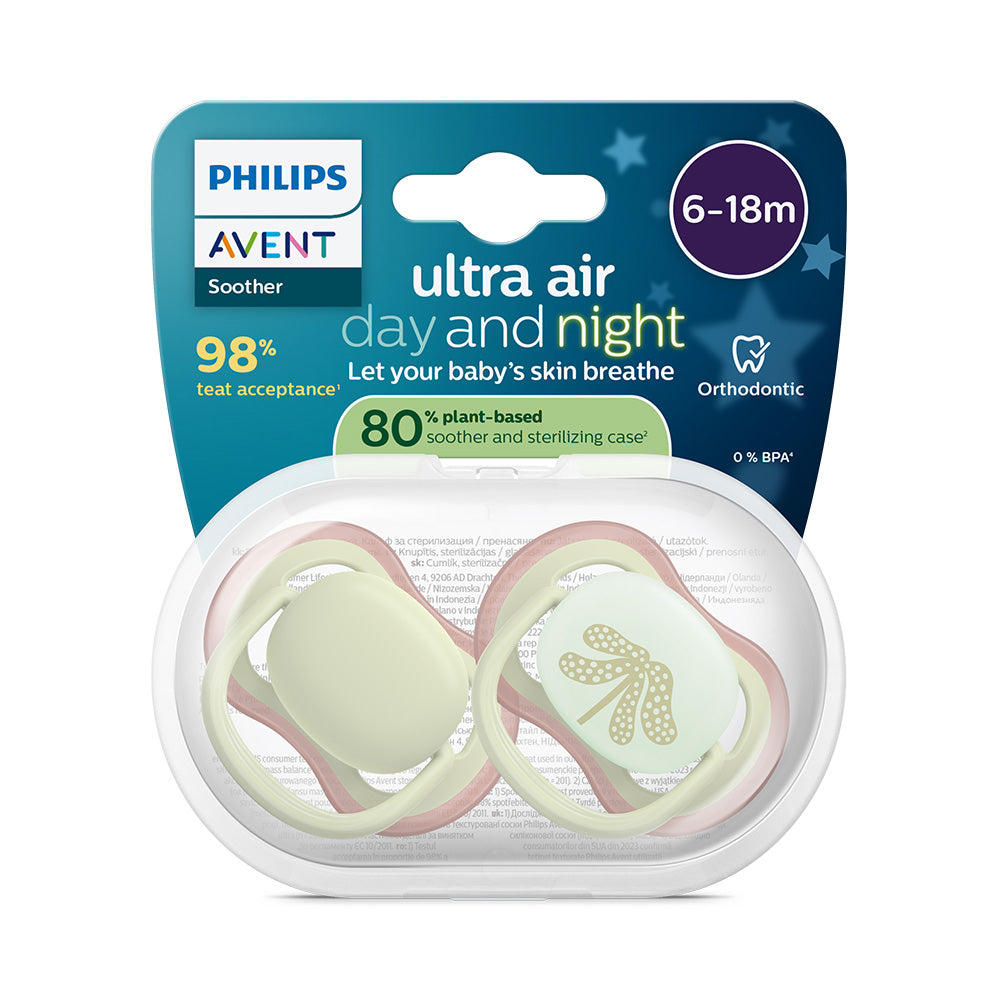 Philips Avent suzeta silicon Ultra Air Day and Night 6-18  luni 2 buc Neutral Vernil
