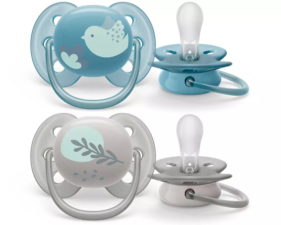 Philips Avent suzeta silicon Ultra Soft 0-6 luni 2 buc Albastru cu pasare si frunza Imagine principală a produsului