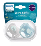 Philips Avent suzeta silicon Ultra Soft 0-6 luni 2 buc Albastru cu pasare si frunza