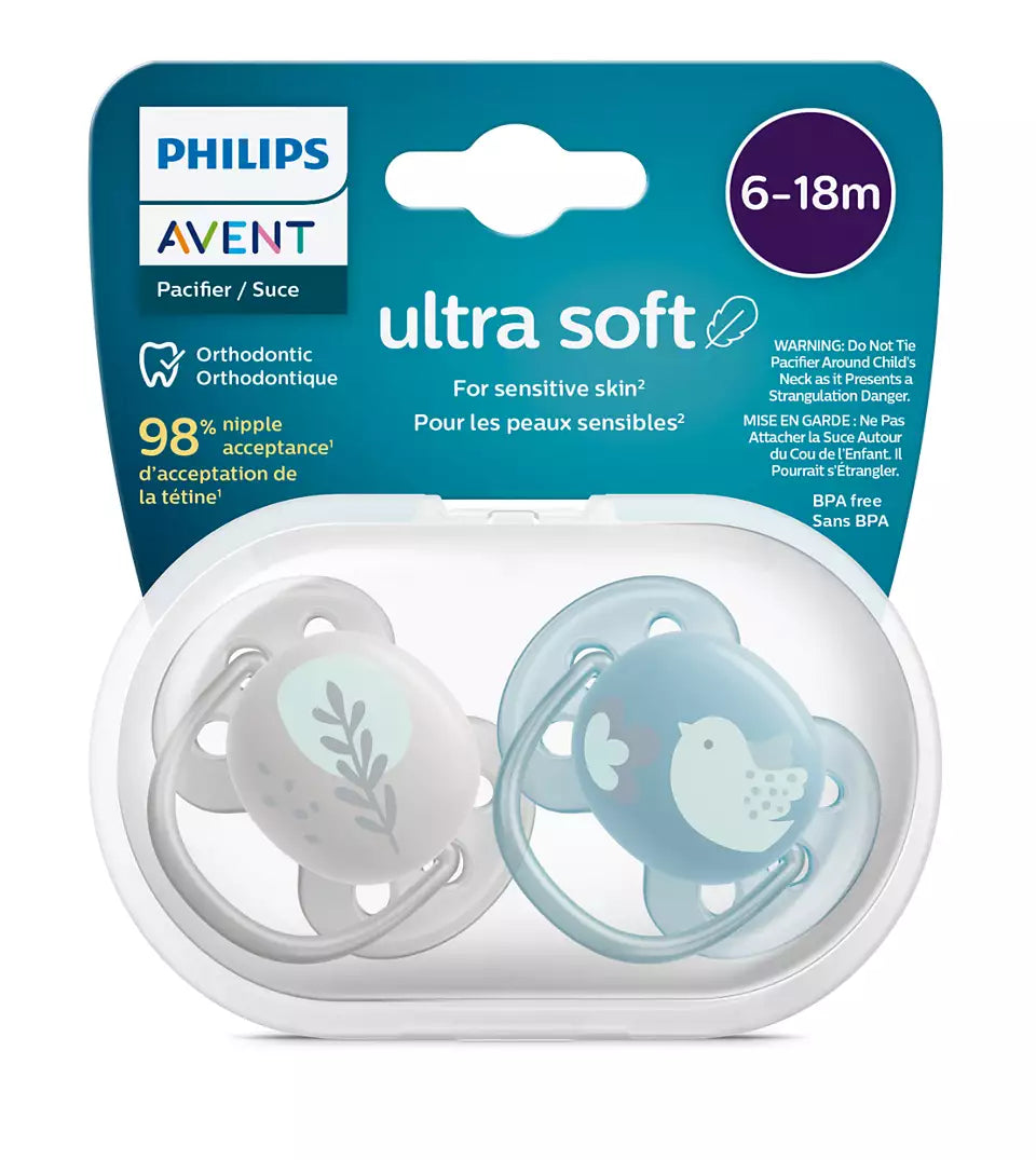 Philips Avent suzeta silicon Ultra Soft 0-6 luni 2 buc Albastru cu pasare si frunza