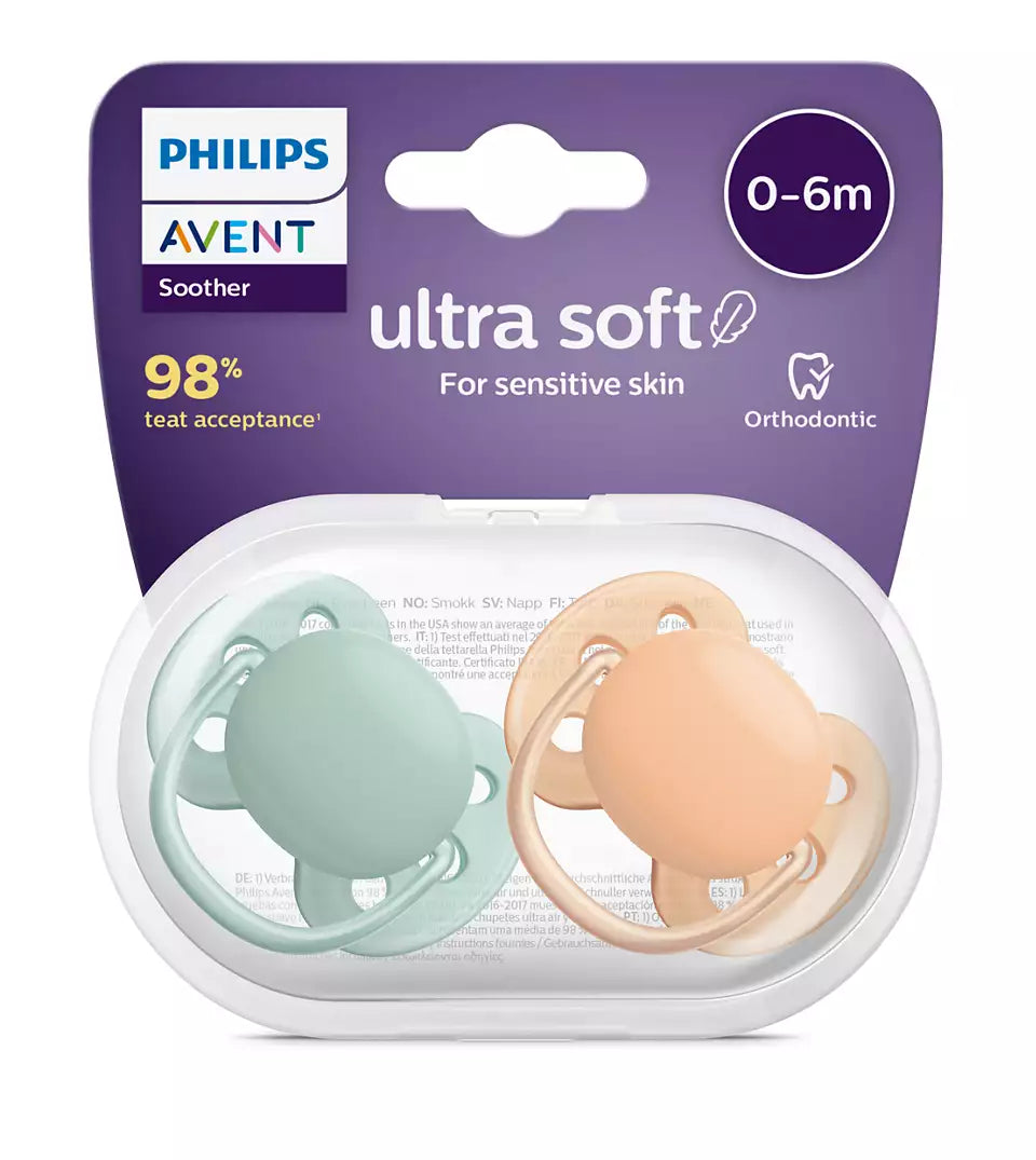 Philips Avent suzeta silicon Ultra Soft 0-6 luni 2 buc Menta-Portocaliu
