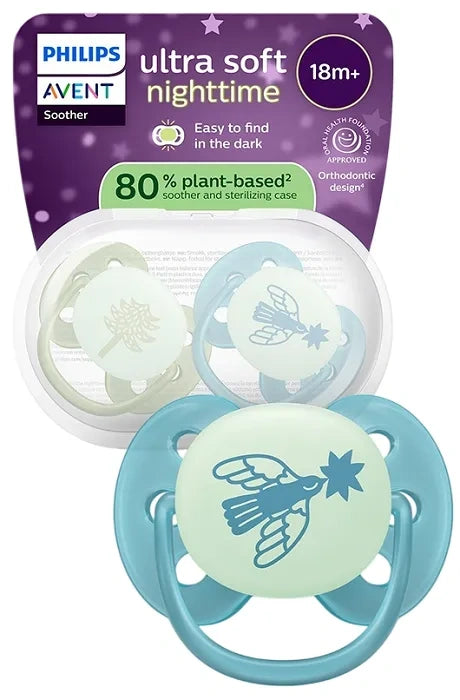 Philips Avent suzeta silicon Ultra Soft Nighttime 18m+ 2 buc Boy cu brad si pasare