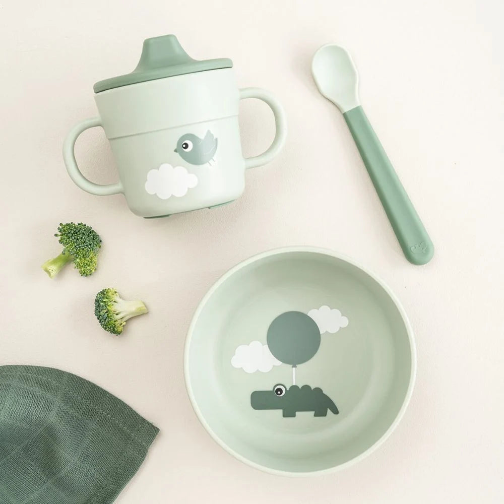 Done by Deer set pentru primele mese cu ventuza Foodie 0m+ Happy Clouds Green