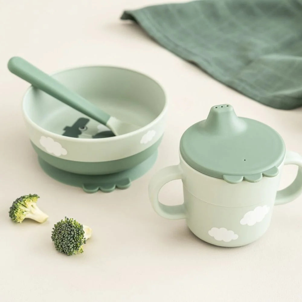 Done by Deer set pentru primele mese cu ventuza Foodie 0m+ Happy Clouds Green