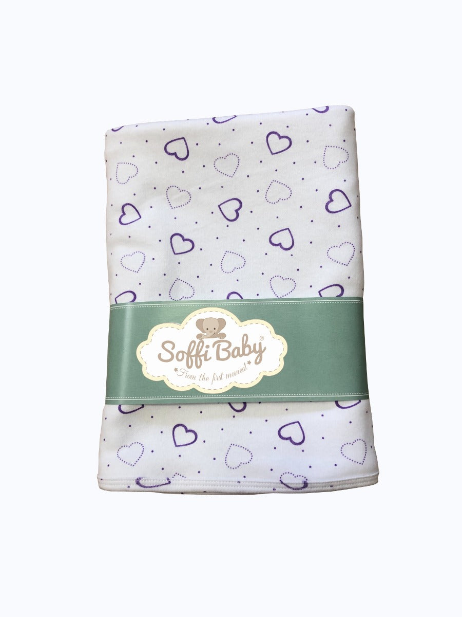 Soffi Baby patura bebelusi bumbac 75x100 cm, Alb cu inimioare mov