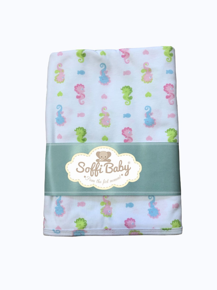 Soffi Baby patura bebelusi bumbac 80x100 cm, Alb cu calut de mare Imagine principală a produsului