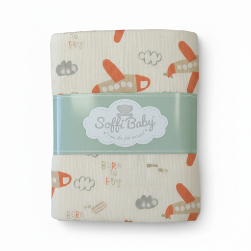 Soffi Baby patura bebelusi material dublu din muselina 70x90 cm Cream cu avioane Imagine principală a produsului