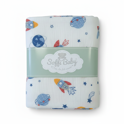 Soffi Baby patura bebelusi material dublu din muselina 70x90 cm Planete Imagine principală a produsului
