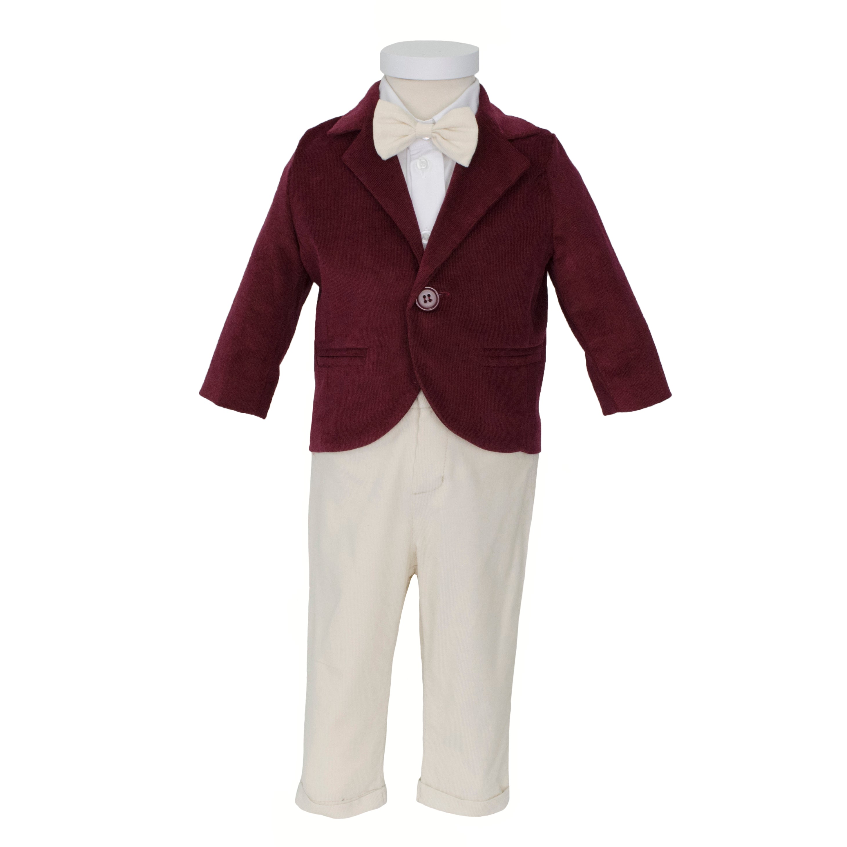 Soffi Baby compleu botez baieti Cezar din catifea raiata, Alege marimeaa 56-80, Visiniu-Bej Imagine secundară a produsului