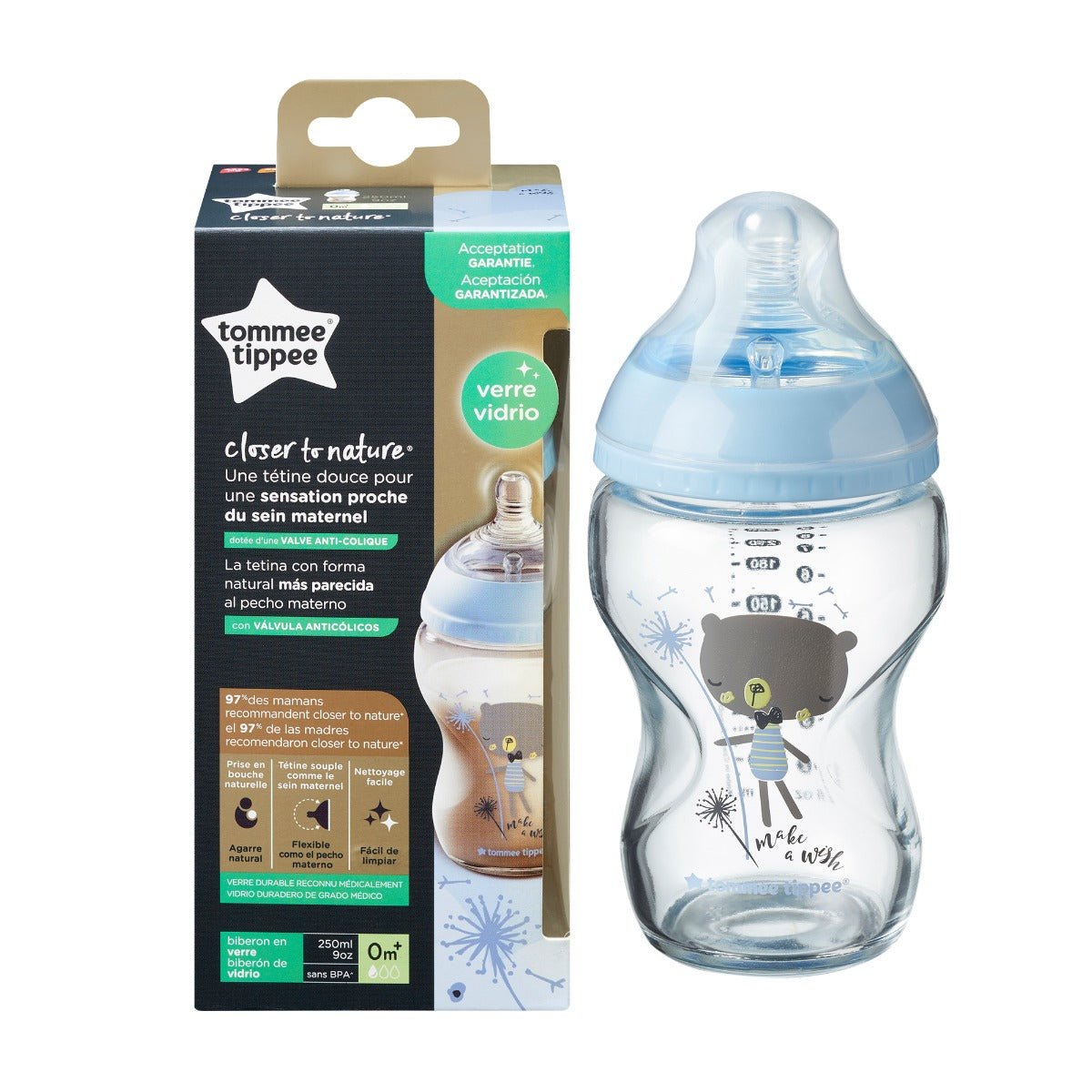 Tommee Tippee biberon sticla Closer To Nature 250 ml 0m+ Albastru cu ursulet